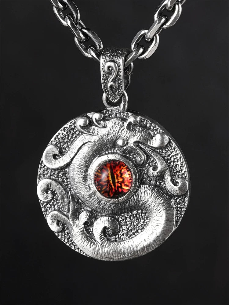 Fire Dragon eye sterling silver biker pendant worn on a chain