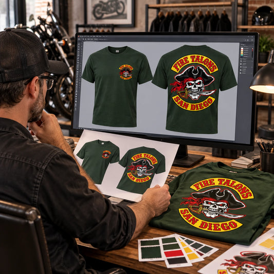 Fire Talons custom short-sleeve shirt design proof showing small chest and full-back placements.