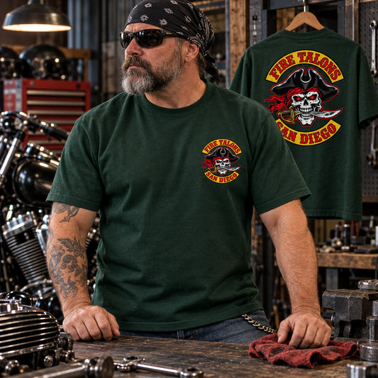 Structured heavyweight cotton Fire Talons club T-shirt with a small chest and large back logo.