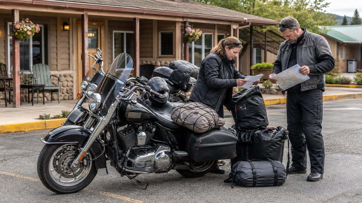 First-time motorcycle travelers confirming lodging details while unloading securely packed motorcycles