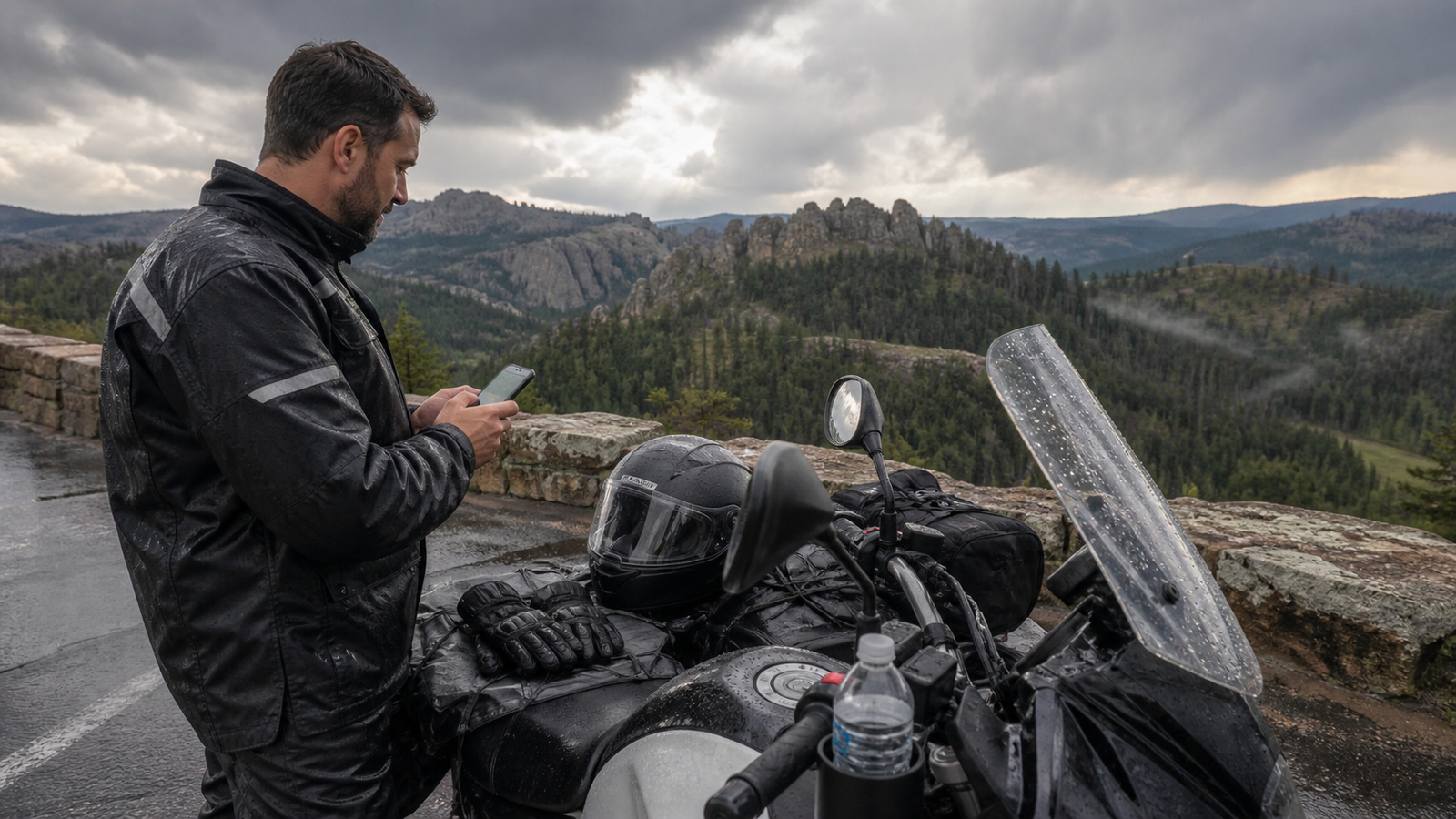 Motorcyclist safely parked at an overlook checking changing Black Hills weather and road conditions