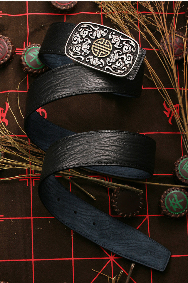 Five Bats Longevity Silver Shark Leather Biker Belt — detail view 1