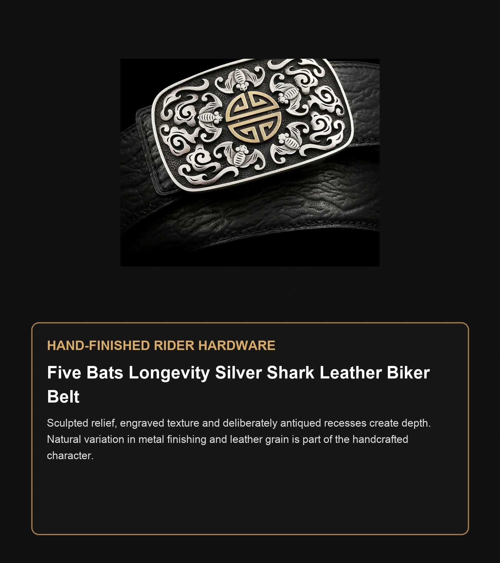 Five Bats Longevity Silver Shark Leather Biker Belt craftsmanship guide in English