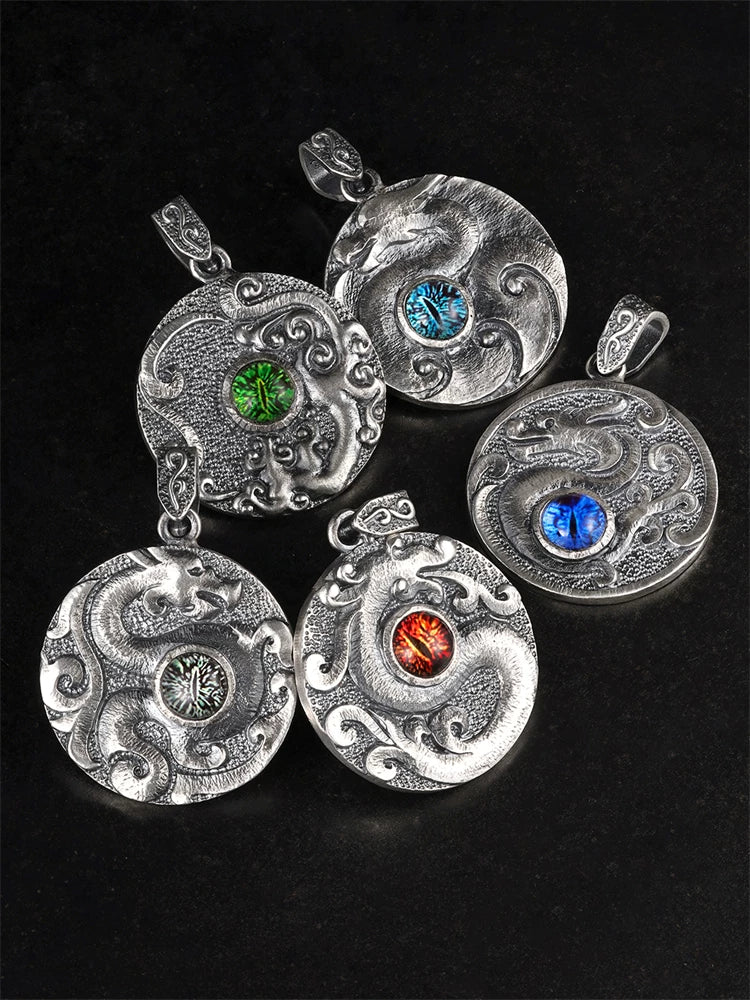 Five dragon eye sterling silver biker pendant styles together