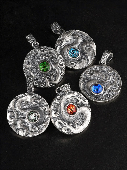Five dragon eye sterling silver biker pendant styles together