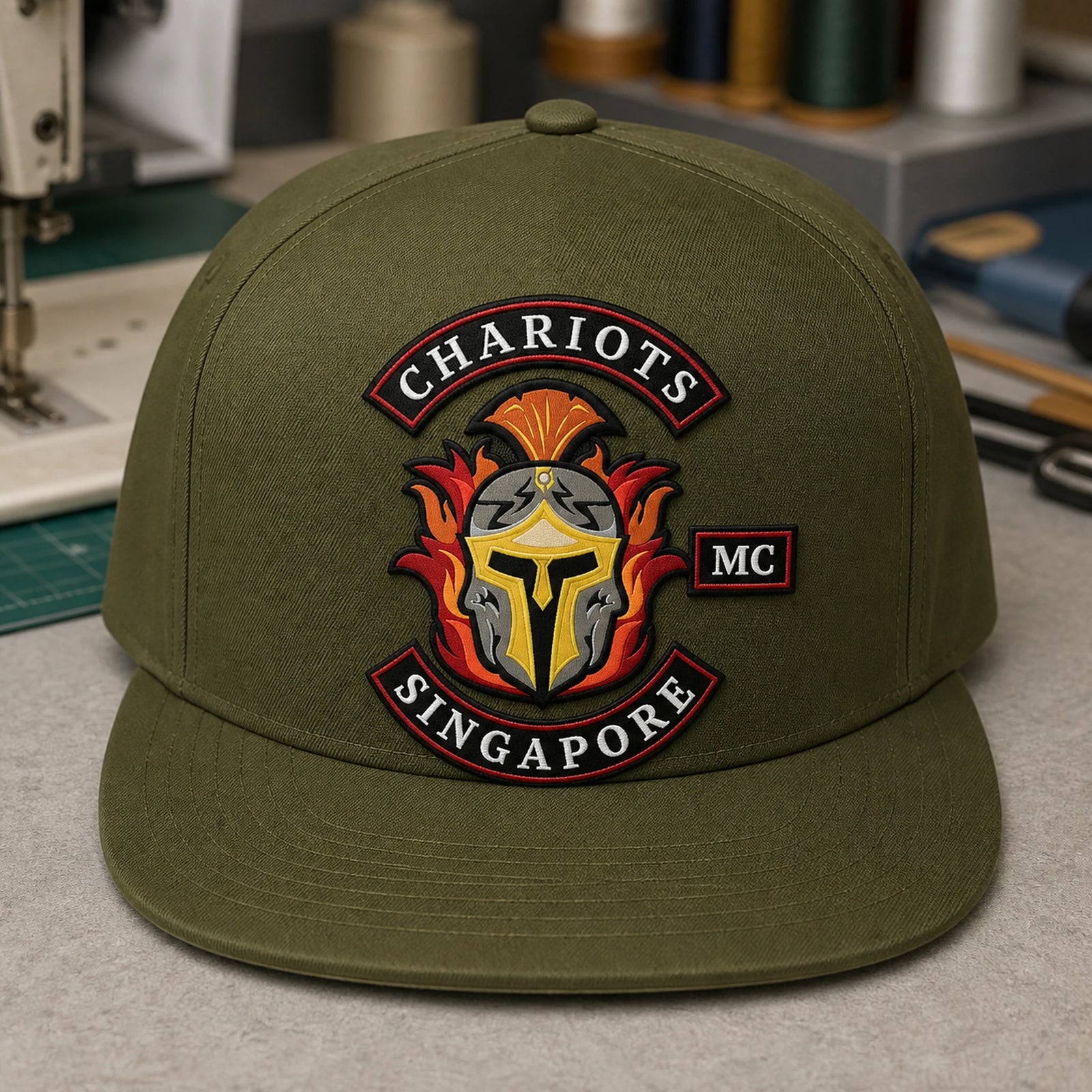 An olive motorcycle club five-panel cap shows a broad decoration area and straight flat visor.