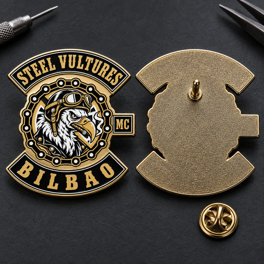Steel Vultures motorcycle club badge shown front and back with one locating pin and a separate butterfly clutch.