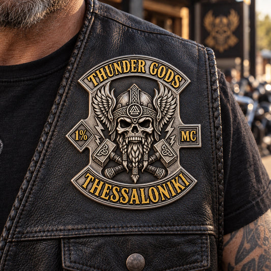 Thunder Gods motorcycle club badge sitting flat and securely aligned on a heavy black leather riding vest.