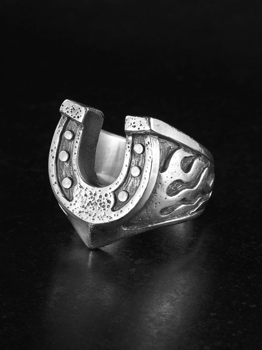 Flaming Knight Horseshoe 925 Sterling Silver Biker Ring product view 1
