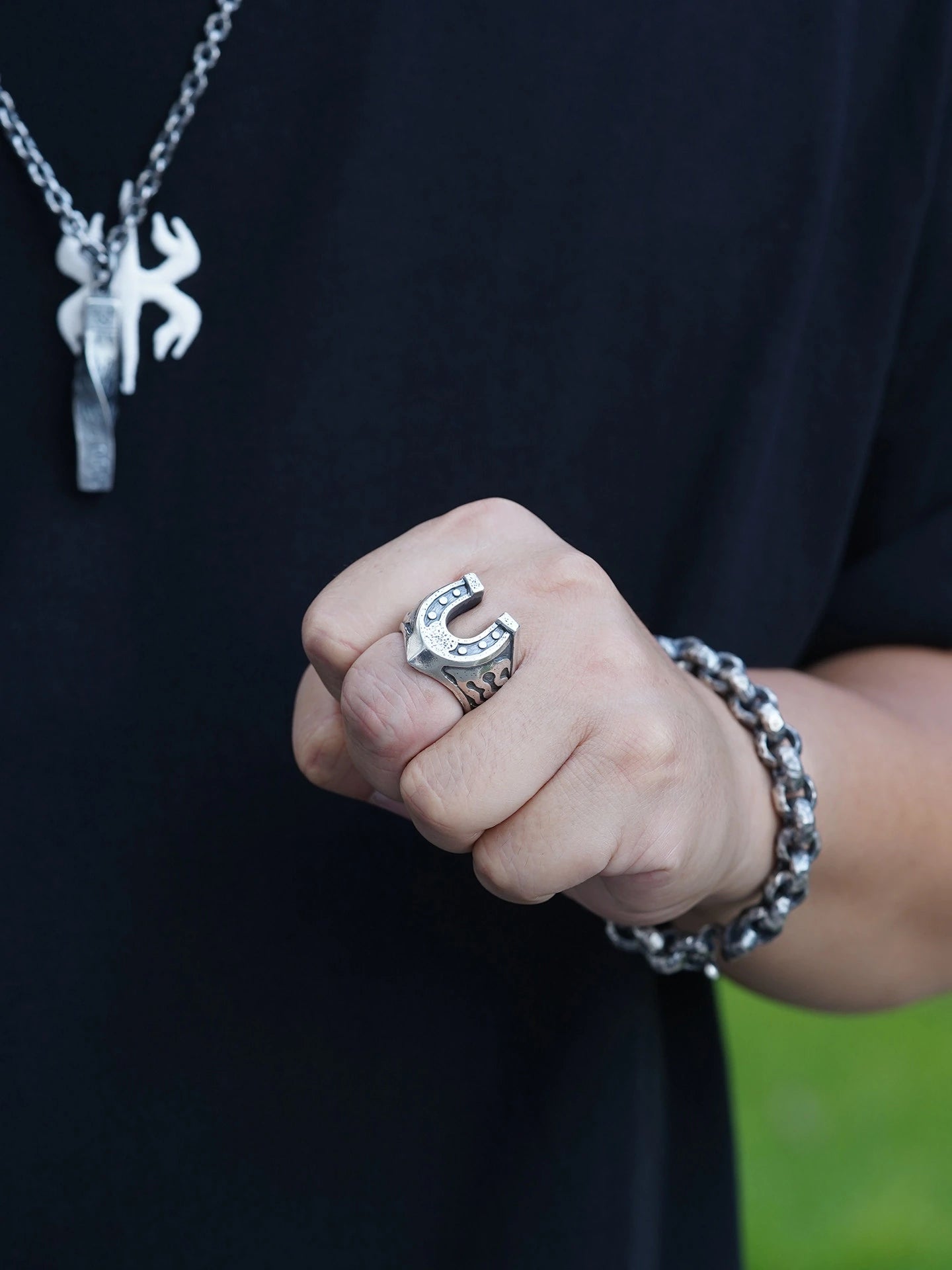 Flaming Knight Horseshoe 925 Sterling Silver Biker Ring product view 4