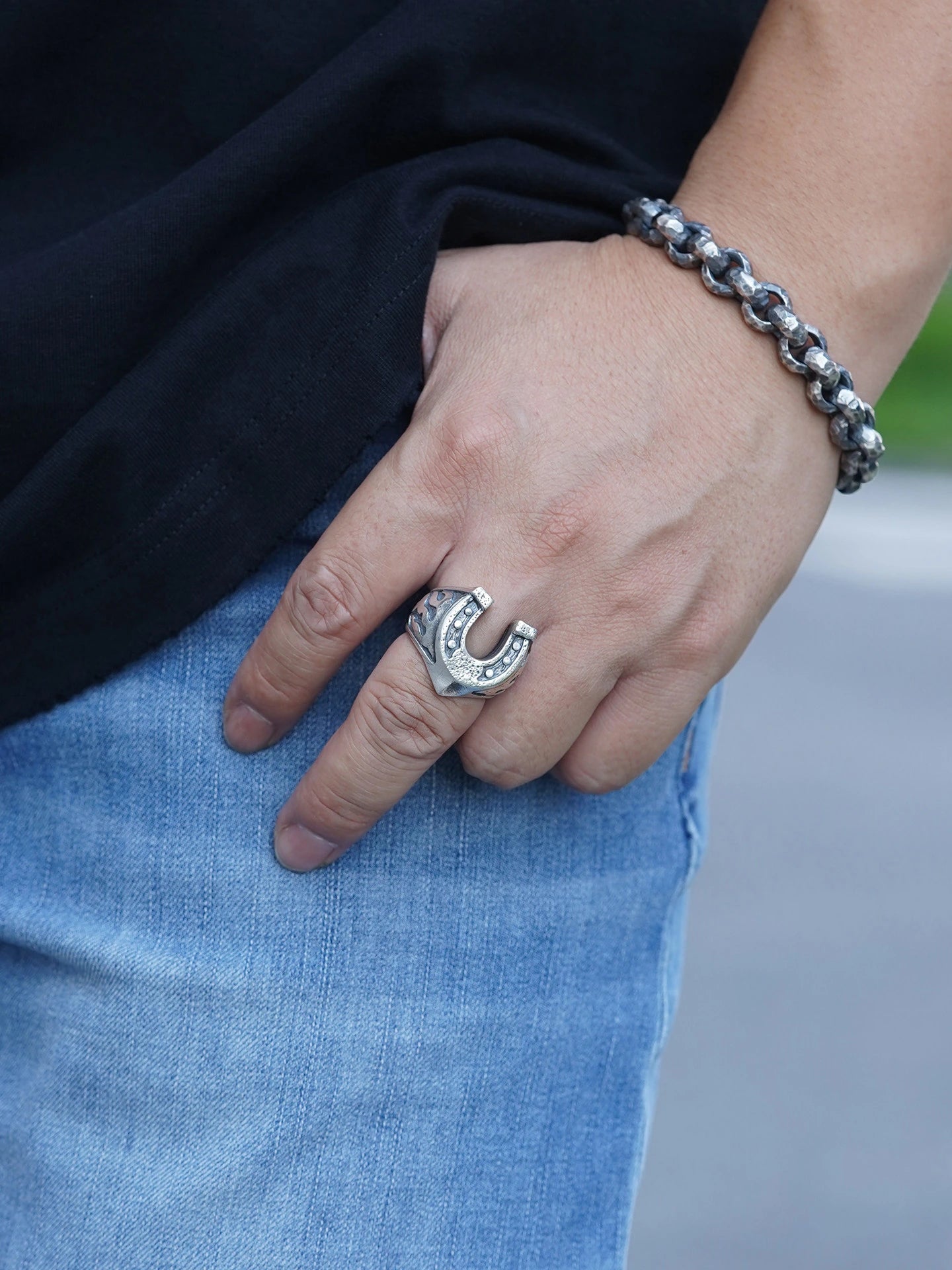 Flaming Knight Horseshoe 925 Sterling Silver Biker Ring product view 5