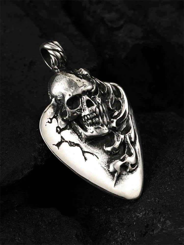 Flaming skull guitar pick sterling silver biker pendant front view