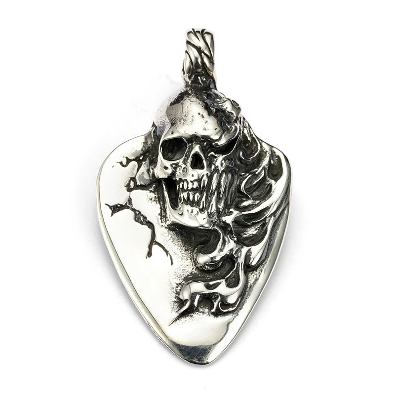 Flaming skull guitar pick sterling silver pendant isolated on white