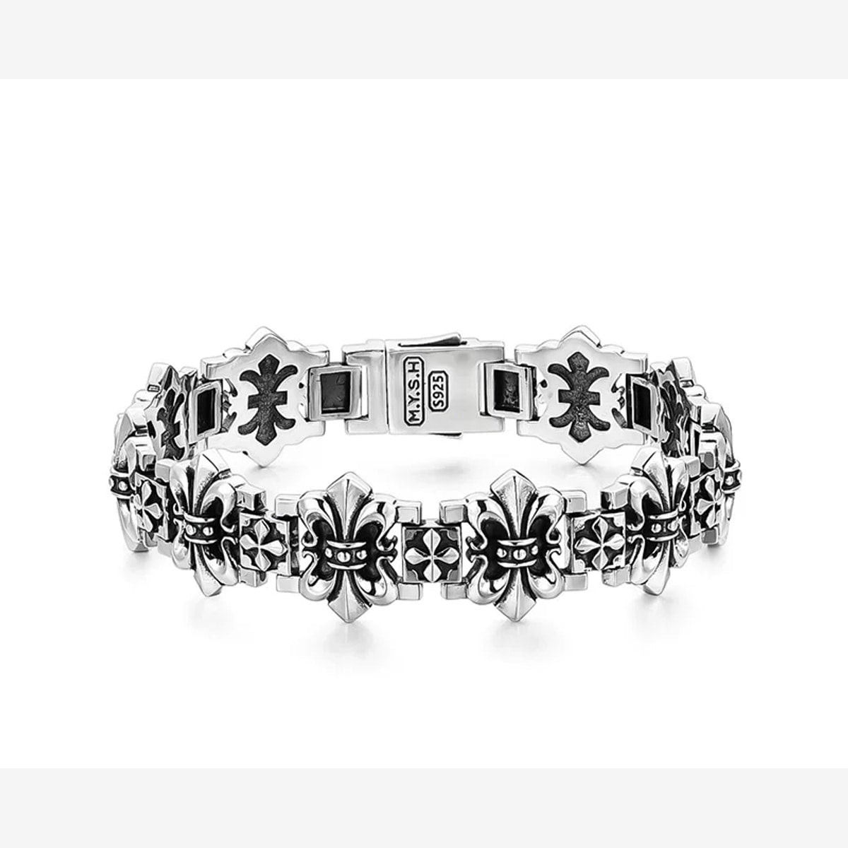 Fleur-de-Lis Cross Sterling Silver Biker Bracelet – product view
