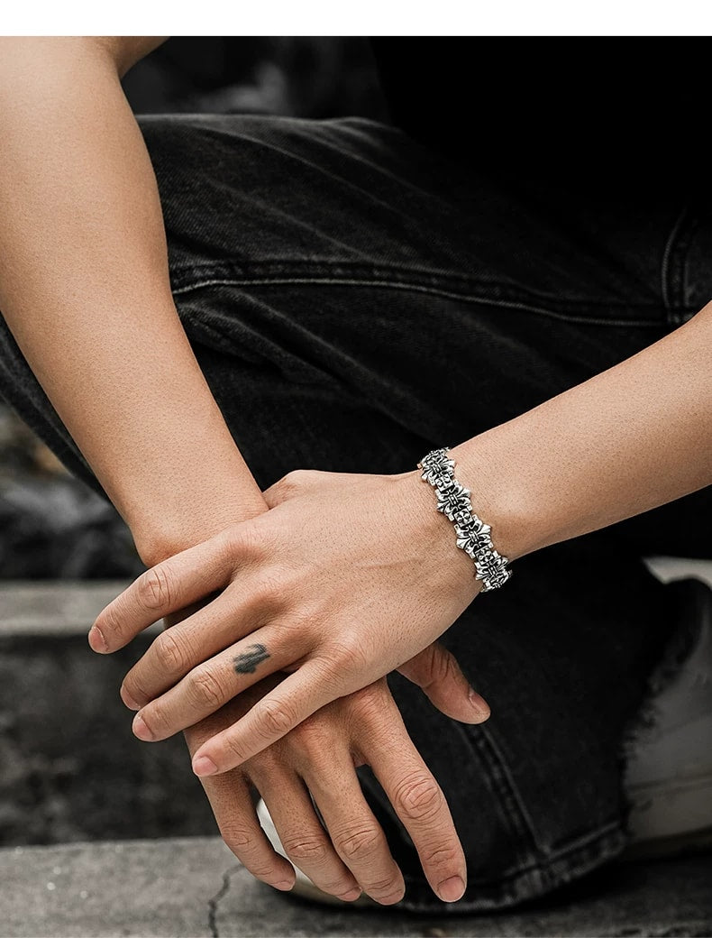 Fleur-de-Lis Cross Sterling Silver Biker Bracelet – wrist and design view 1