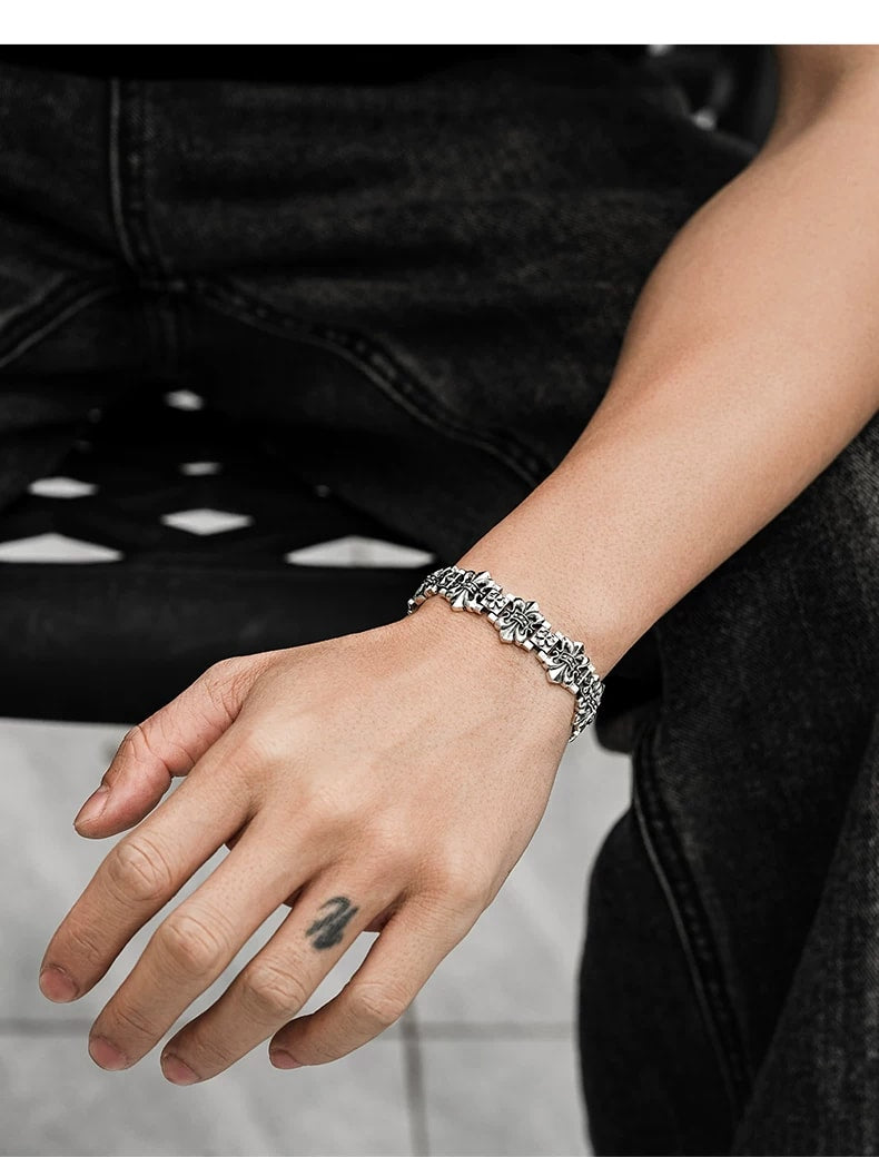 Fleur-de-Lis Cross Sterling Silver Biker Bracelet – wrist and design view 2