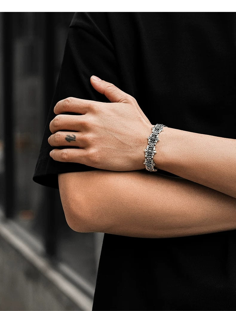 Fleur-de-Lis Cross Sterling Silver Biker Bracelet – wrist and design view 3