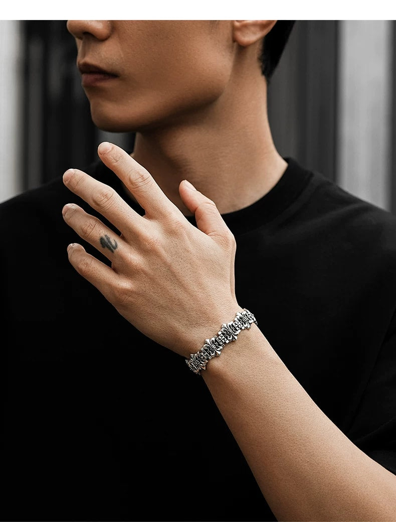 Fleur-de-Lis Cross Sterling Silver Biker Bracelet – wrist and design view 4