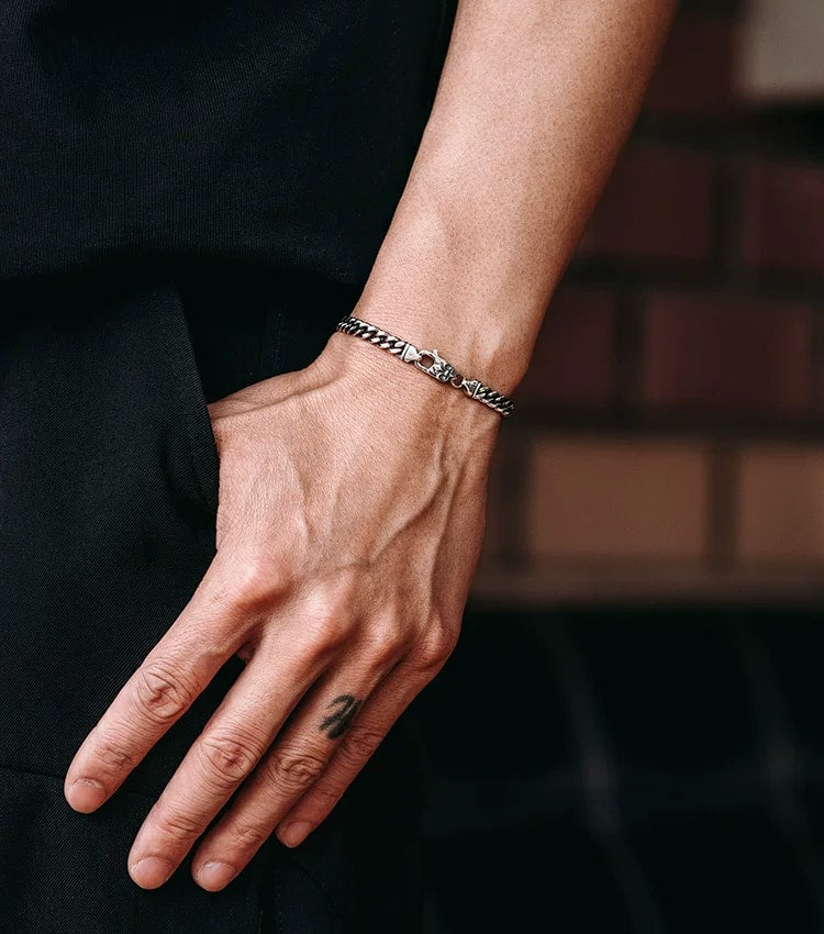 Fleur-de-Lis Cuban Link Silver Biker Bracelet – design view 2
