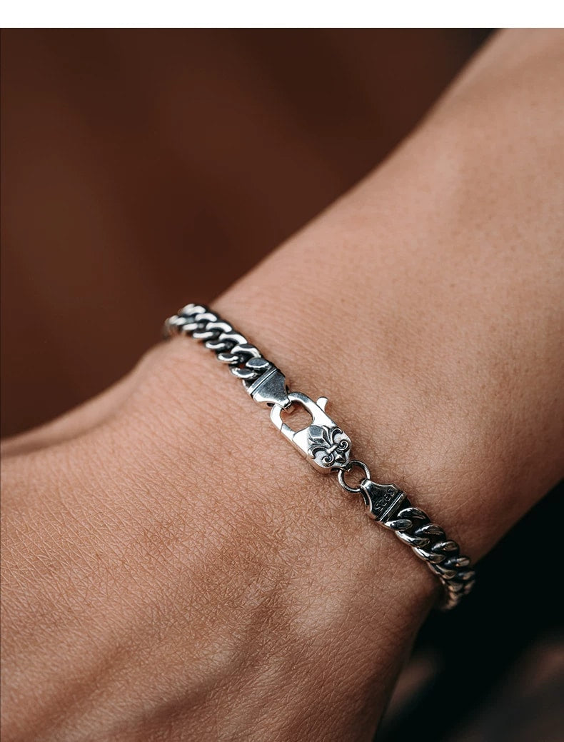 Fleur-de-Lis Cuban Link Silver Biker Bracelet – design view 4