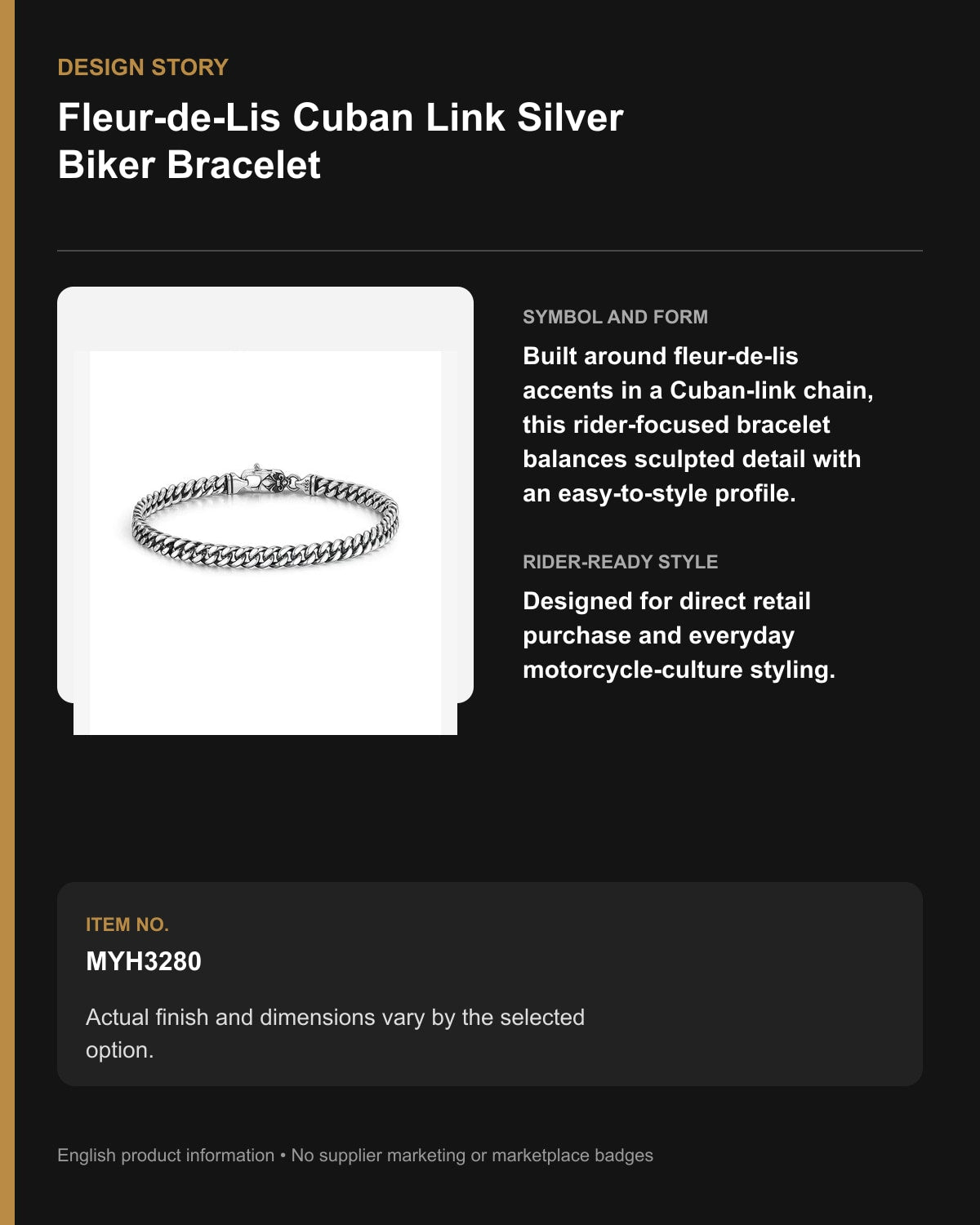 Fleur-de-Lis Cuban Link Silver Biker Bracelet – English design story