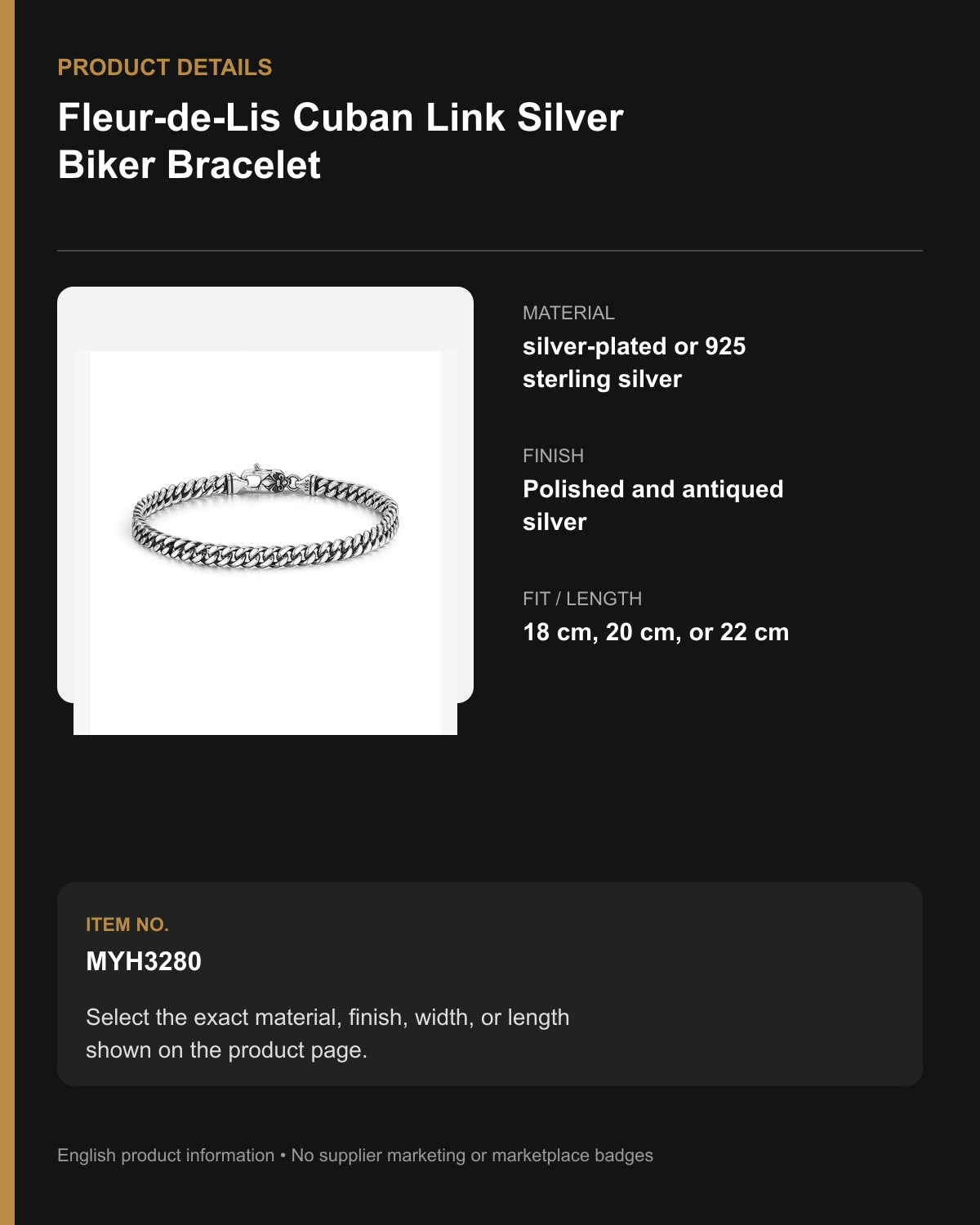 Fleur-de-Lis Cuban Link Silver Biker Bracelet – English product details