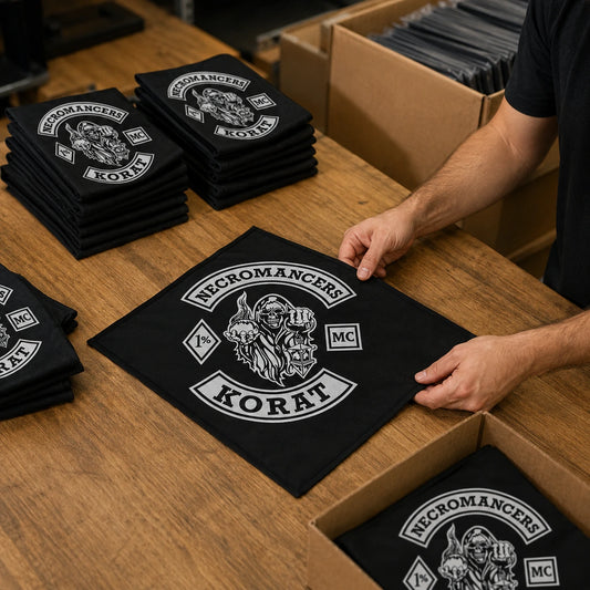 A packer prepares one display flag and a neatly stacked motorcycle club chapter order of matching custom diamond flags.