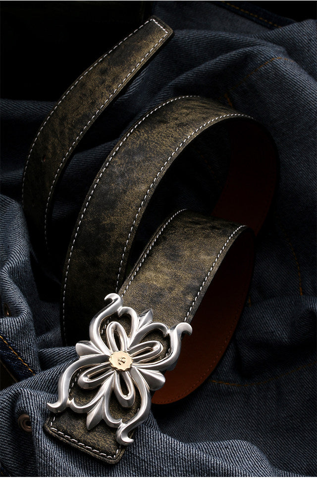 Floral Silver Leather Biker Belt — detail view 1