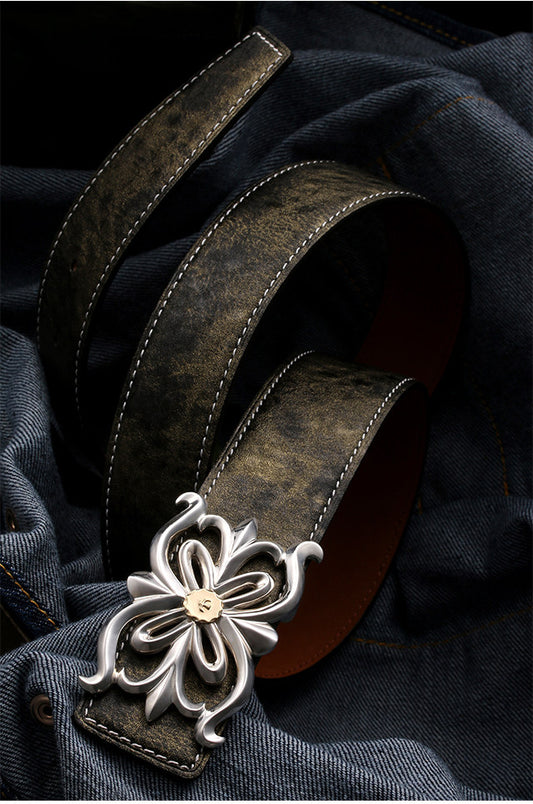 Floral Silver Leather Biker Belt — detail view 1