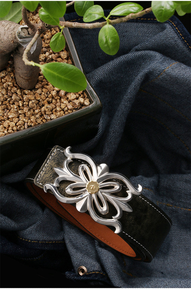 Floral Silver Leather Biker Belt — detail view 2