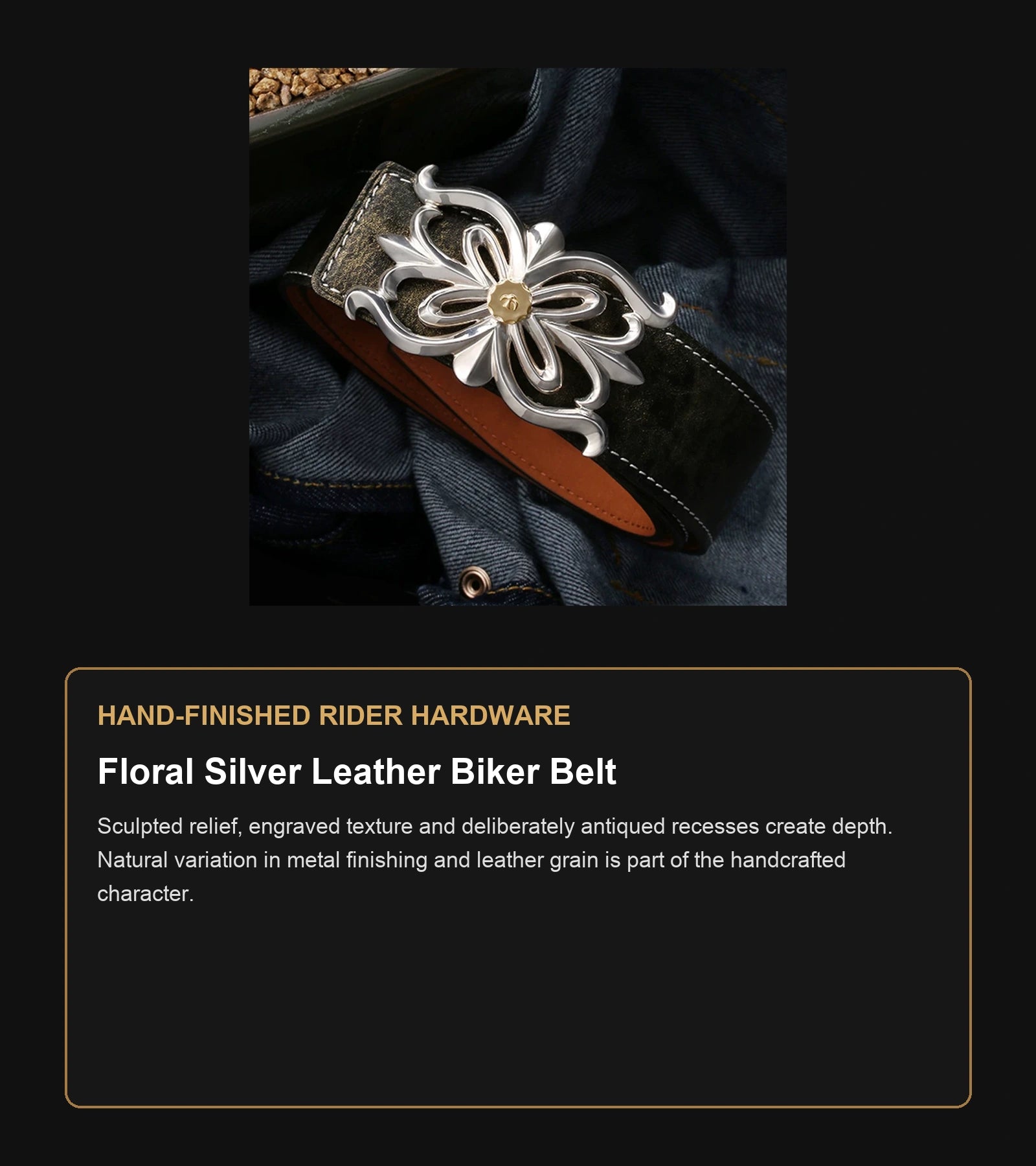 Floral Silver Leather Biker Belt craftsmanship guide in English