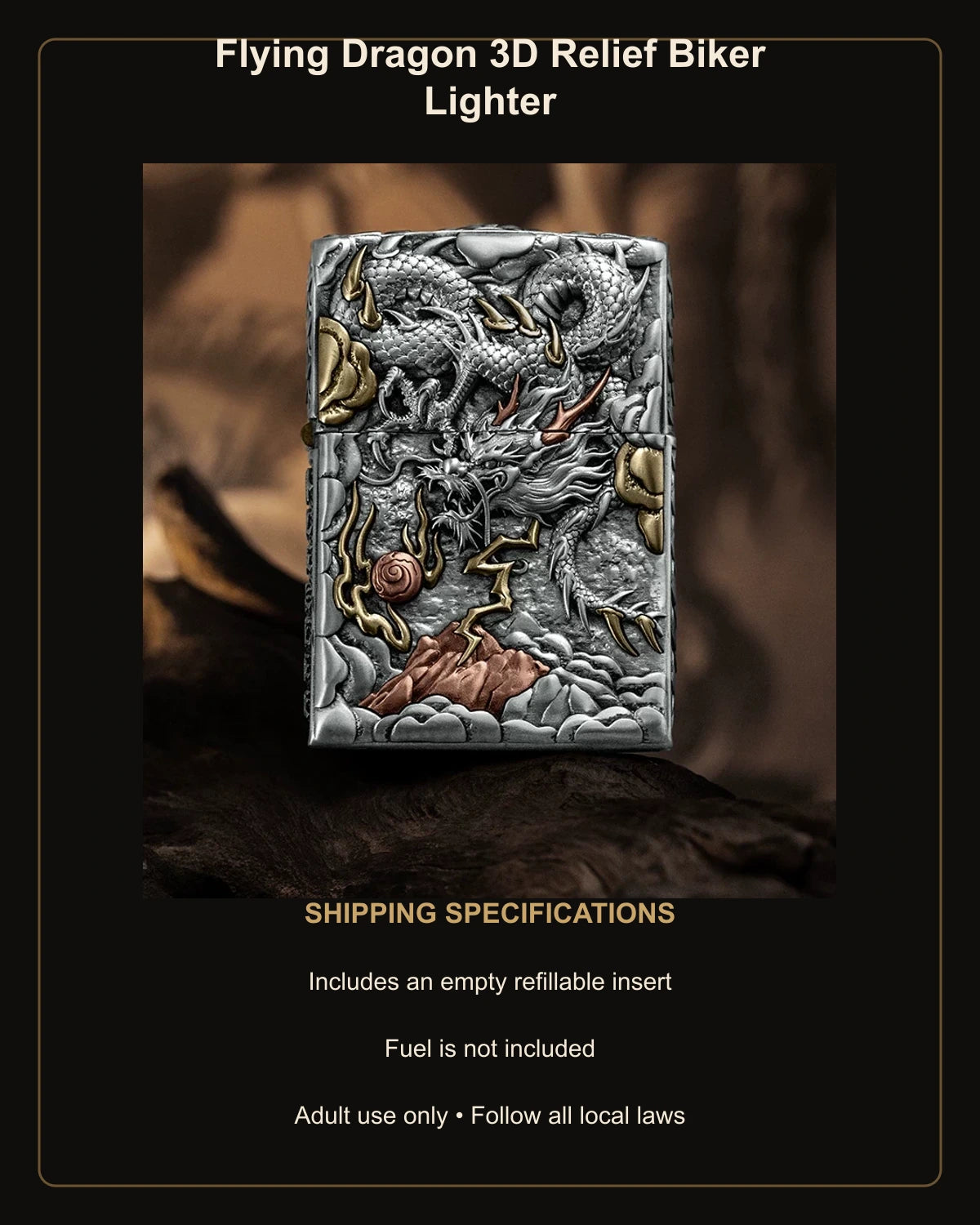 Flying Dragon 3D Relief Biker Lighter – empty refillable insert included and no fuel supplied