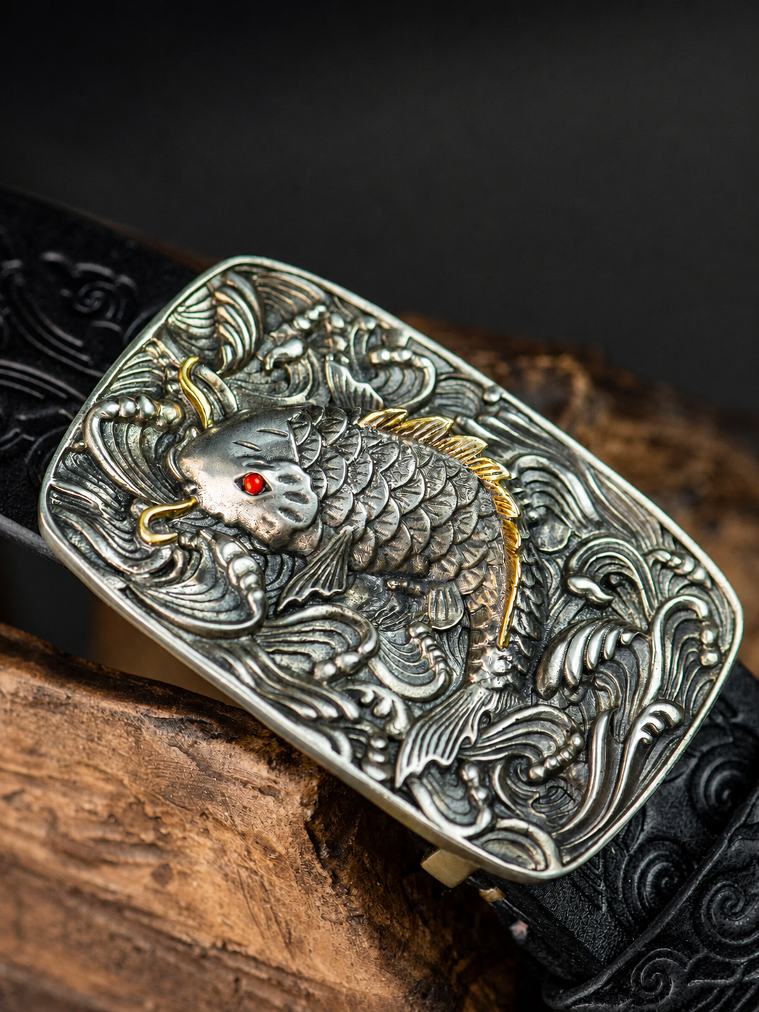 Flying Dragon and Koi Full-Grain Leather Biker Belt with Brass Buckle – Koi buckle close-up