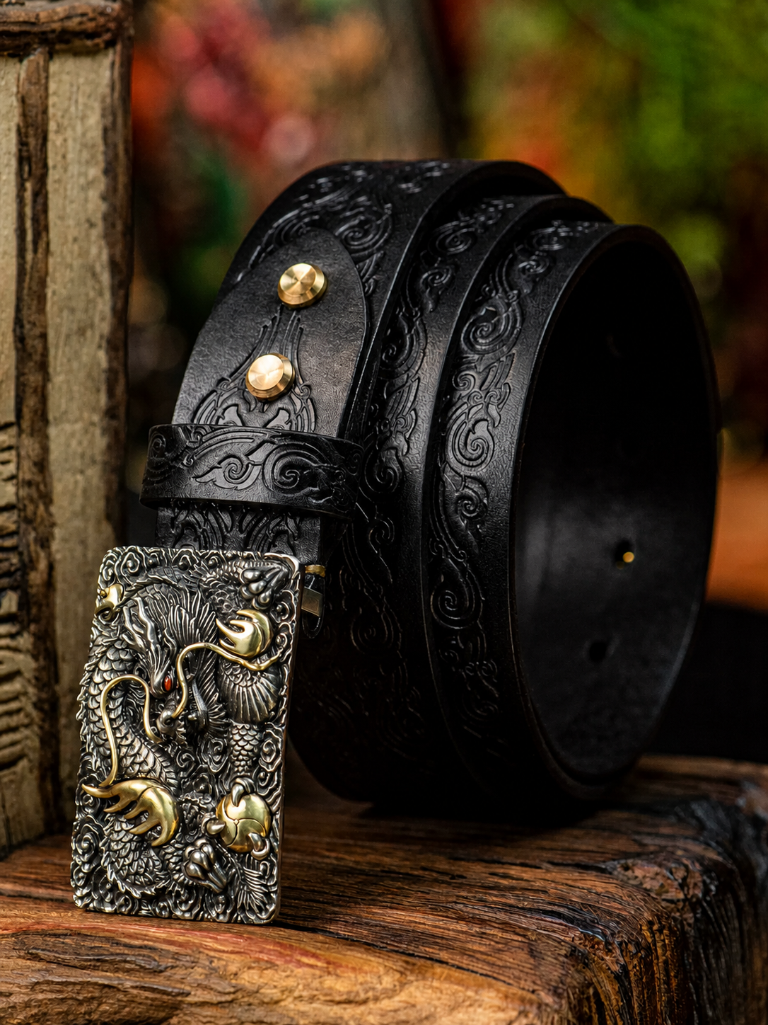 Flying Dragon and Koi Full-Grain Leather Biker Belt with Brass Buckle – Complete dragon and koi belt