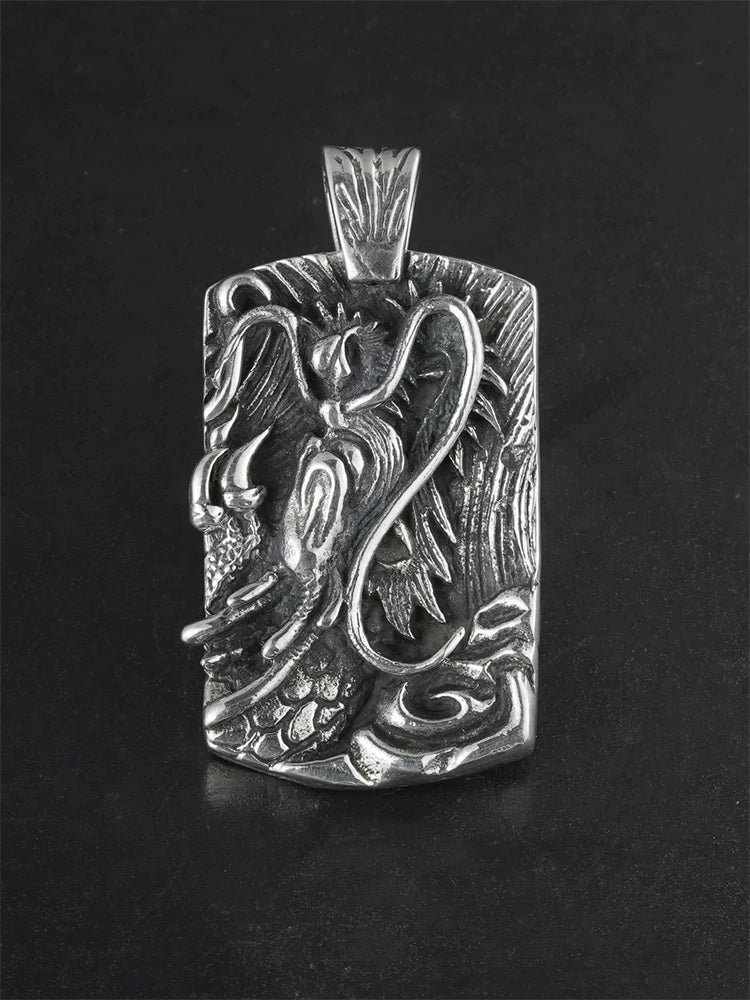 Flying dragon relief sterling silver biker pendant front view