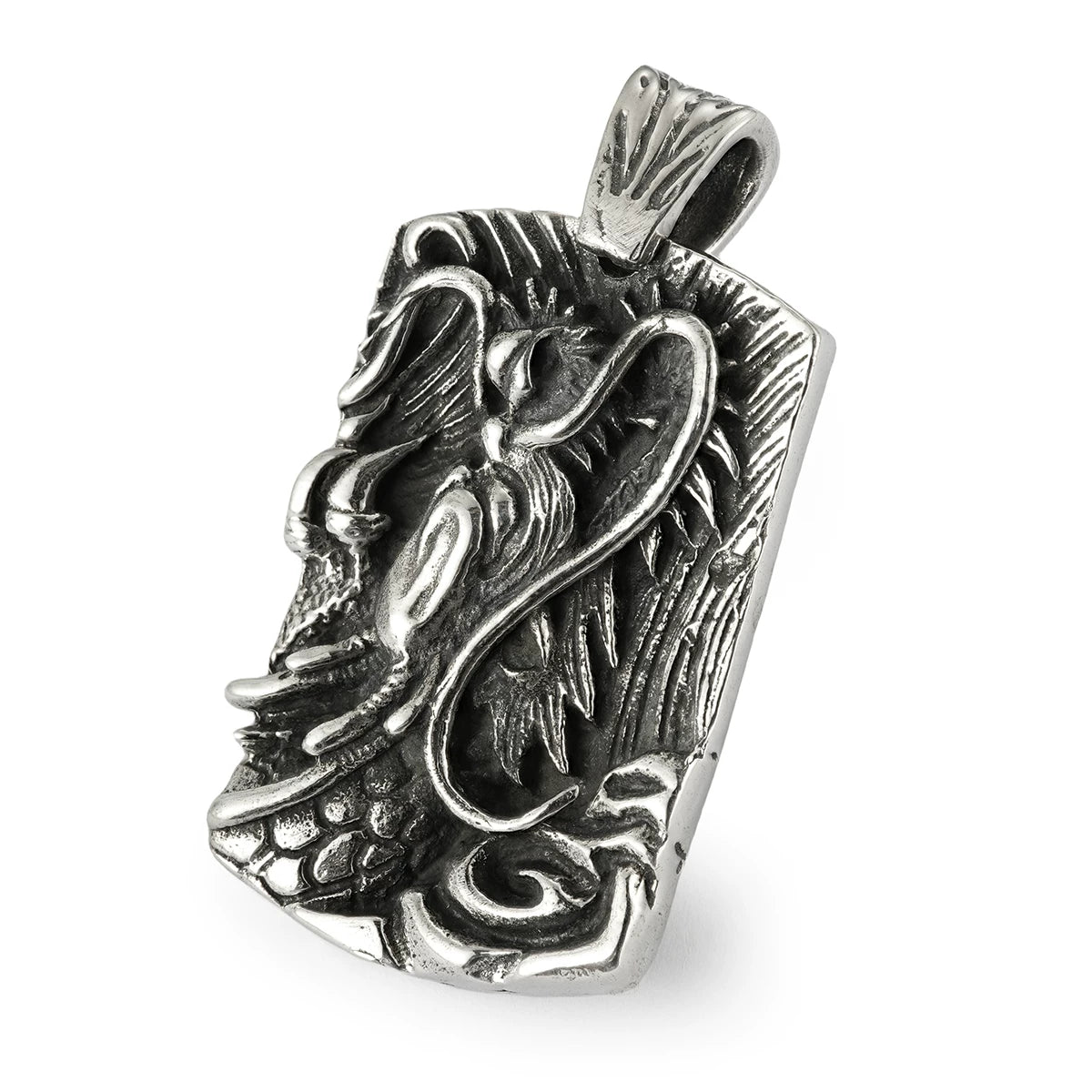 Flying dragon relief sterling silver biker pendant isolated on white