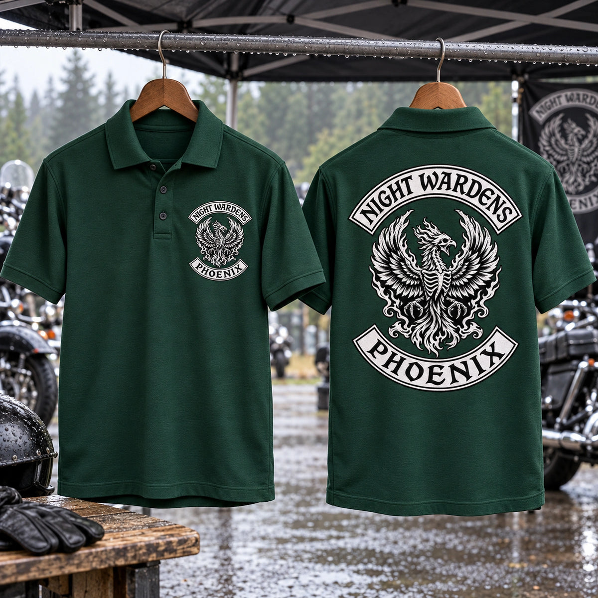 Forest green Night Wardens Phoenix motorcycle club polo samples hang in a rally tent showing chest embroidery and a complete large back logo.