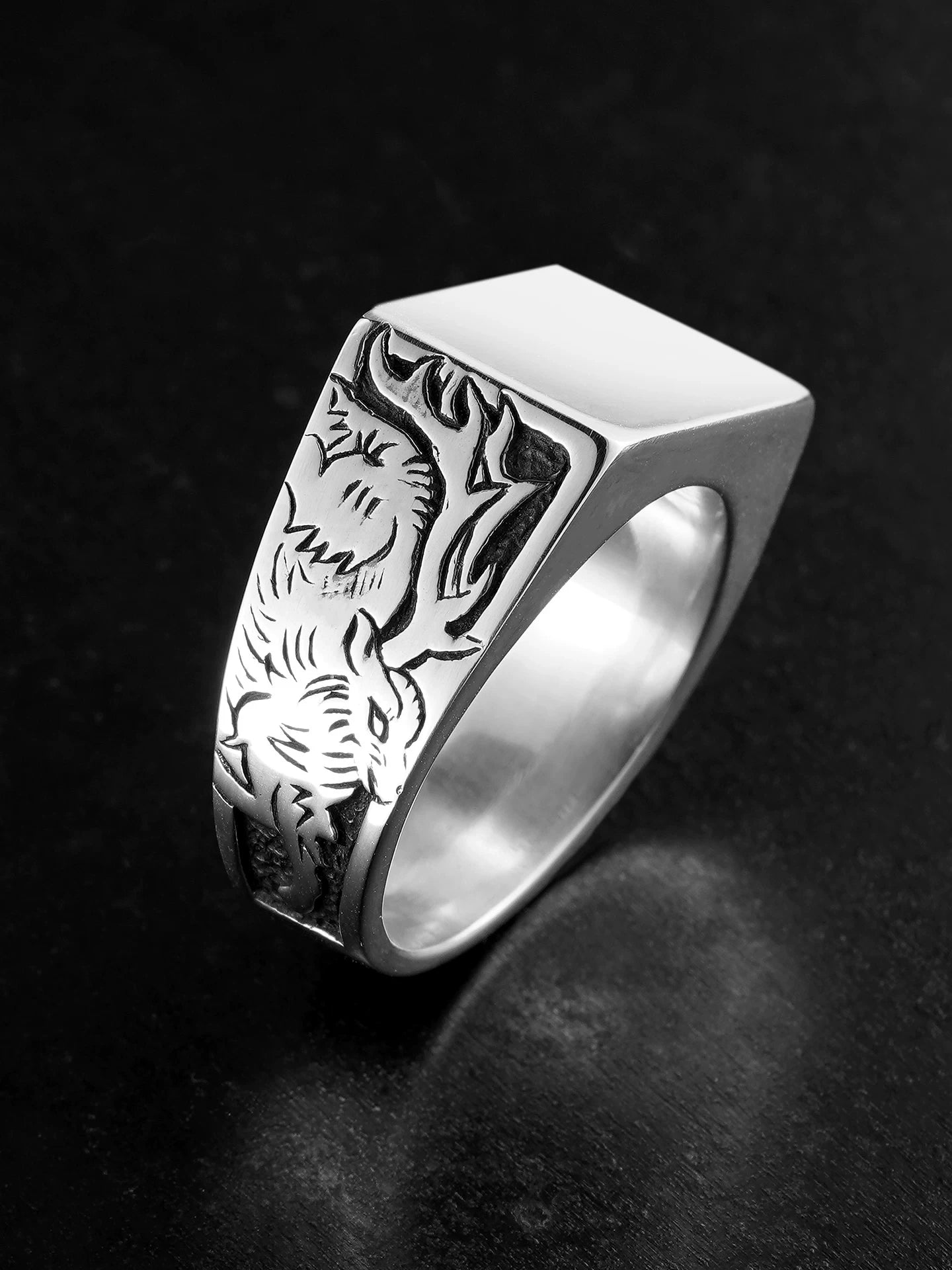 Forest Wolf and Deer 925 Sterling Silver Biker Signet Ring product view 1