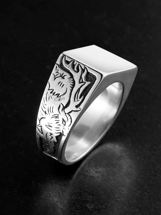 Forest Wolf and Deer 925 Sterling Silver Biker Signet Ring product view 1