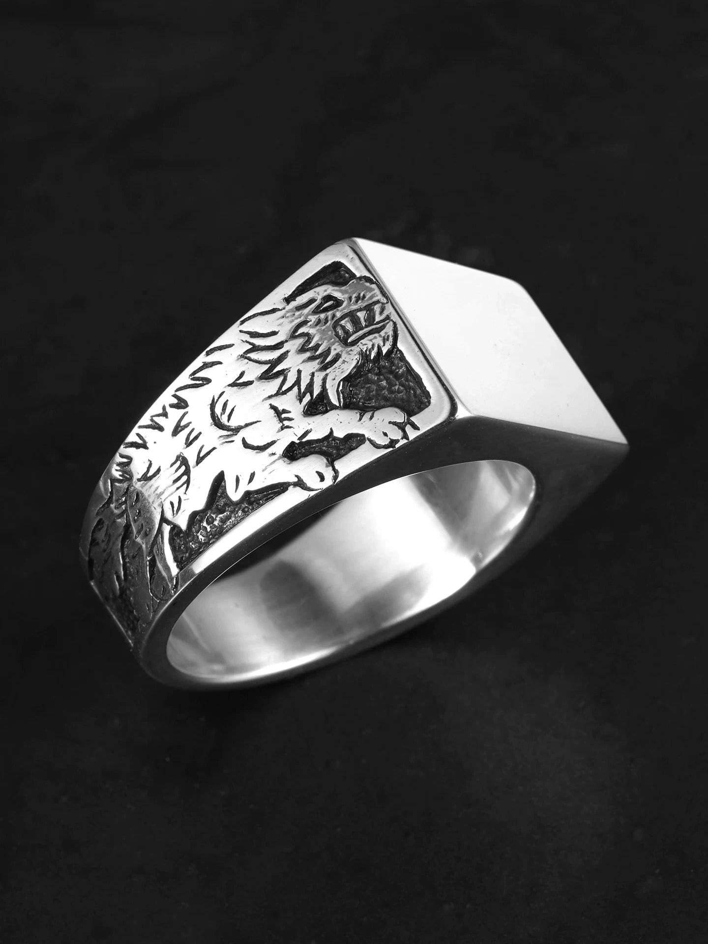 Forest Wolf and Deer 925 Sterling Silver Biker Signet Ring product view 2