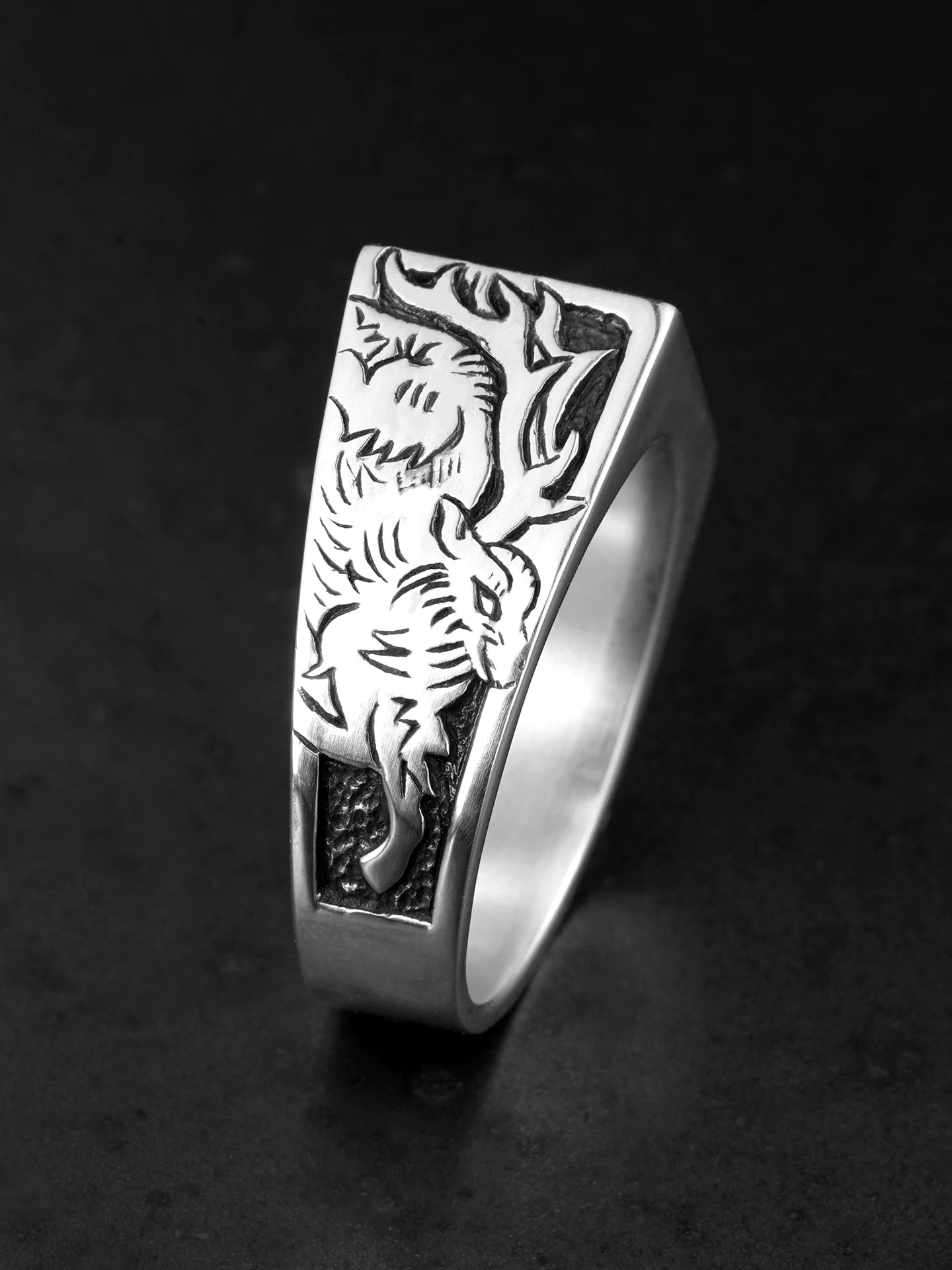 Forest Wolf and Deer 925 Sterling Silver Biker Signet Ring product view 3