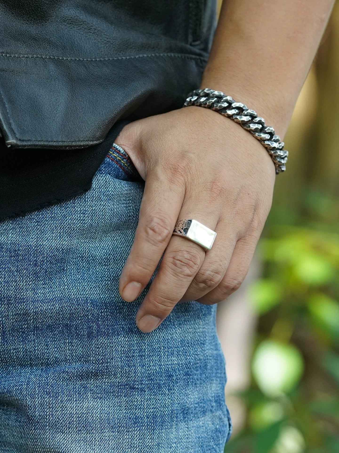 Forest Wolf and Deer 925 Sterling Silver Biker Signet Ring product view 5