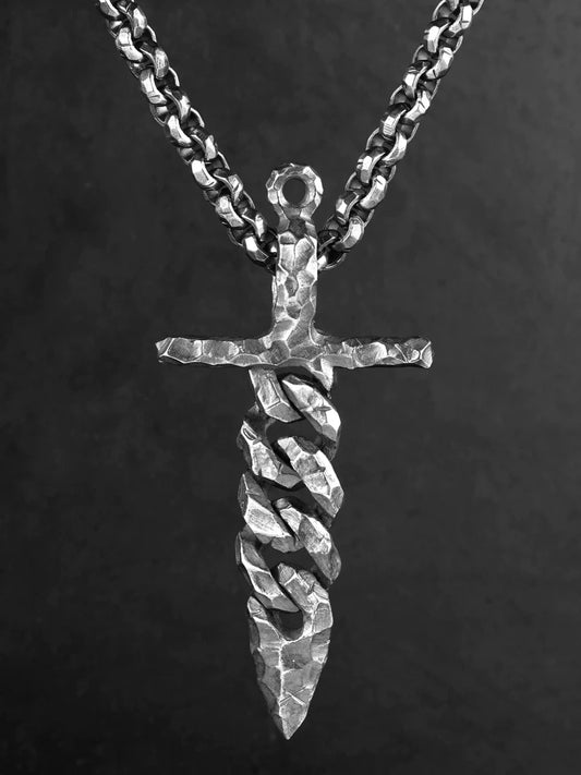 Forged chain holy sword sterling silver biker pendant shown on chain