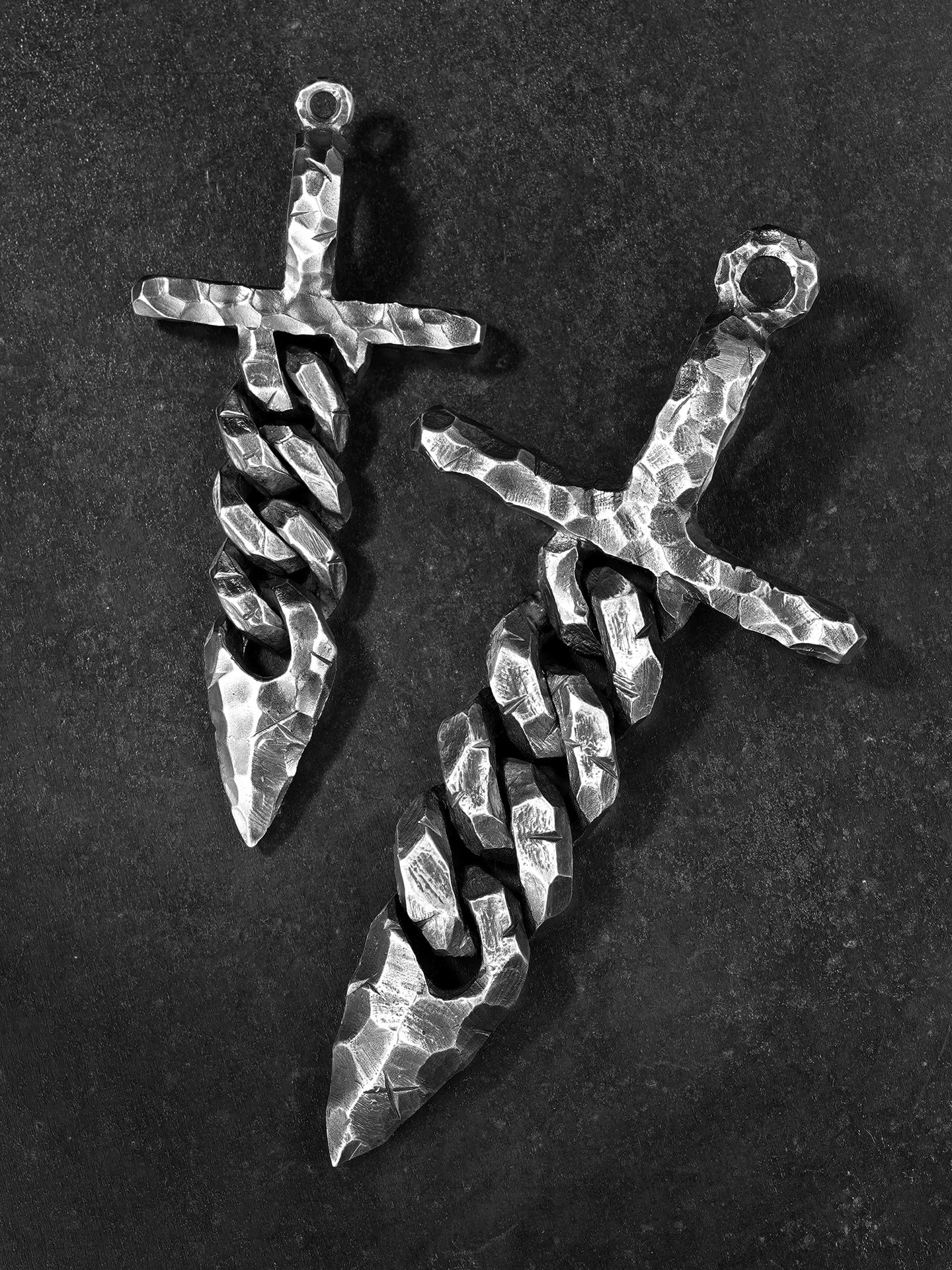 Large and small forged chain holy sword silver pendant size comparison