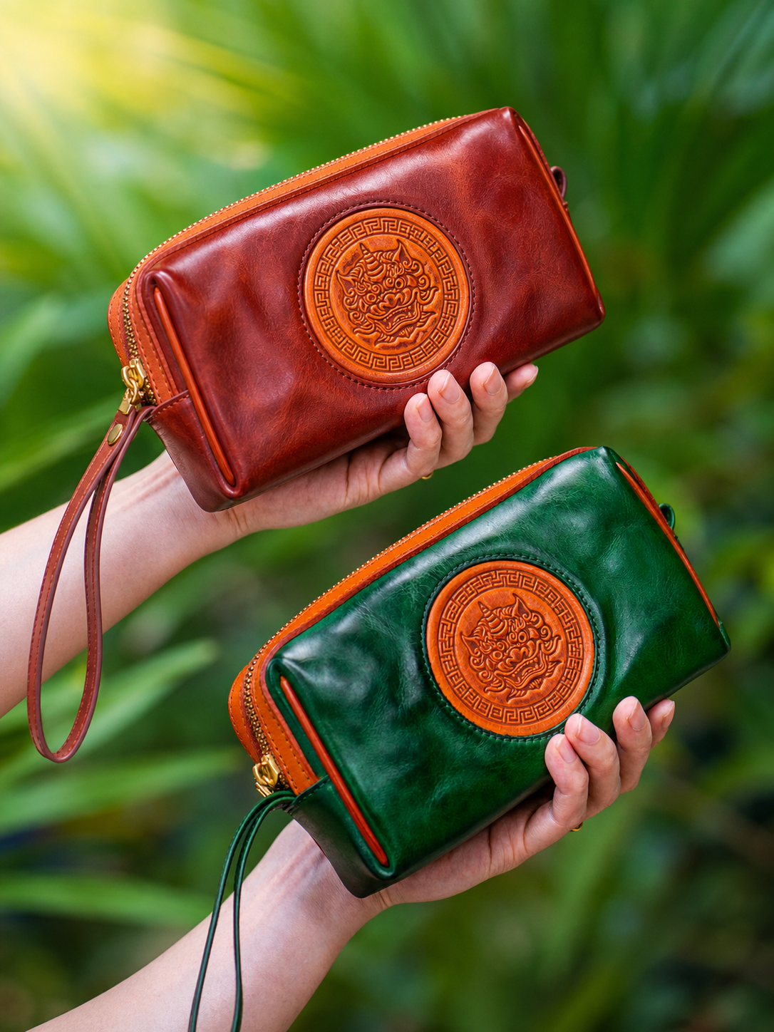 two fortune guardian leather biker clutch wallets held in hand