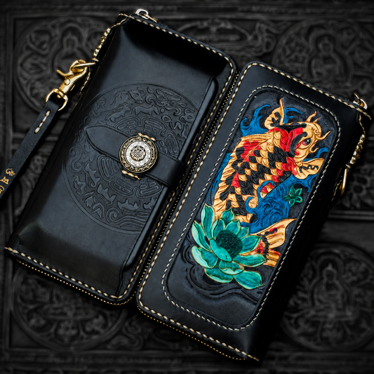 Fortune Koi full-grain leather biker long wallet with colorful hand-tooled artwork