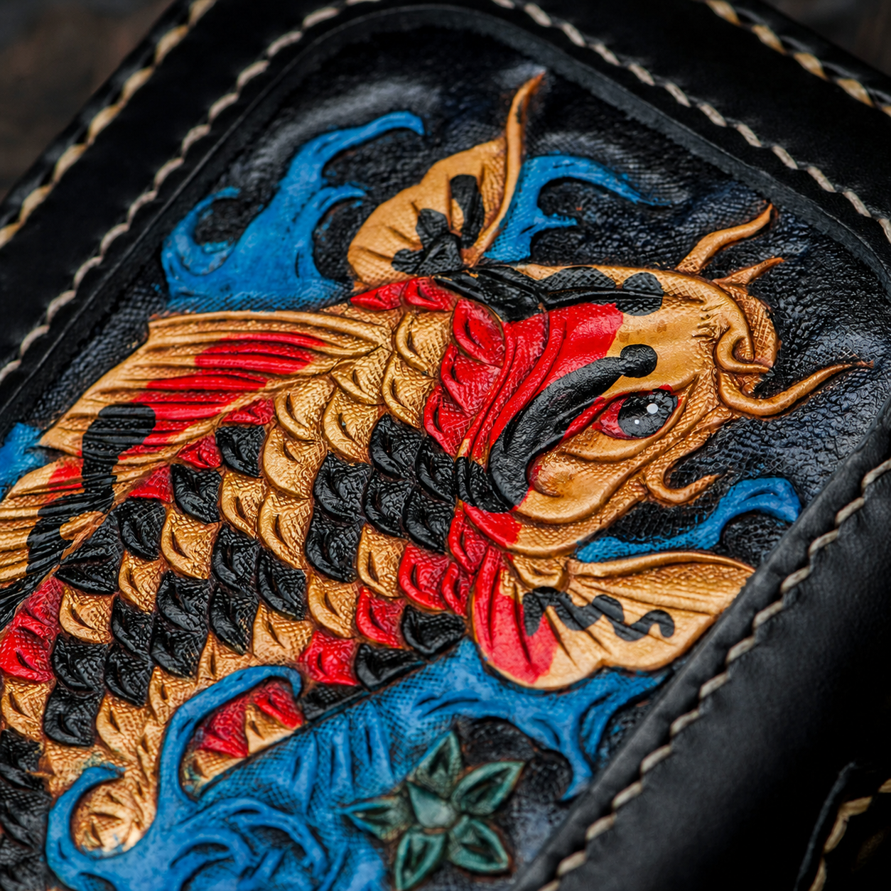 close-up of colorful koi hand tooling on full-grain leather biker wallet