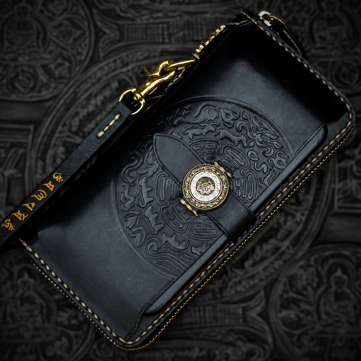 plain-back black full-grain leather biker long wallet with rotating clasp