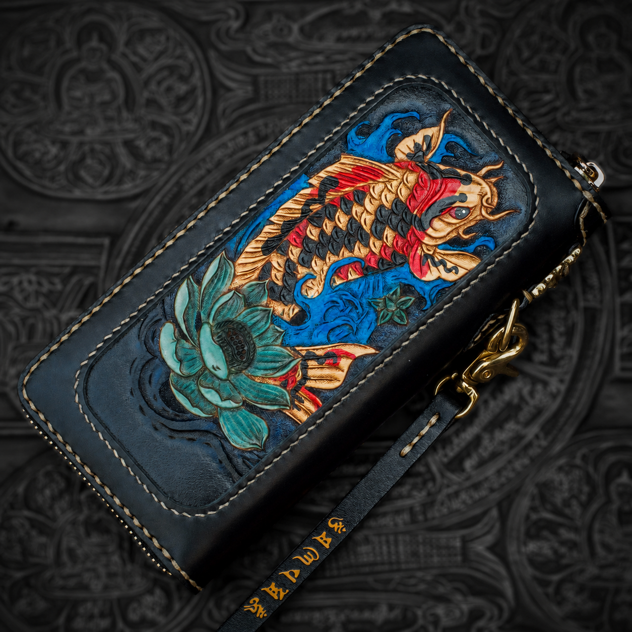 colorful koi leather biker long wallet with detachable wrist strap