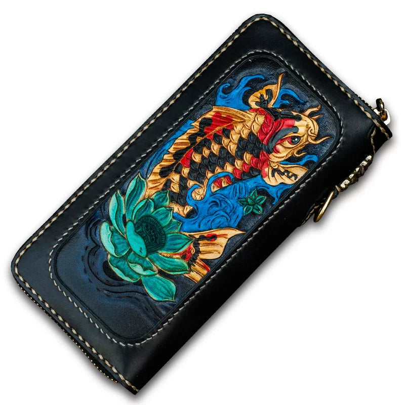 Fortune Koi leather biker long wallet on a clean white background